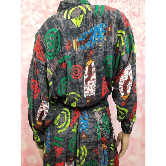 Vintage 80s African Tribal Print Belted Shirt Dress Size S Midi With Pockets - Picture 11 of 12